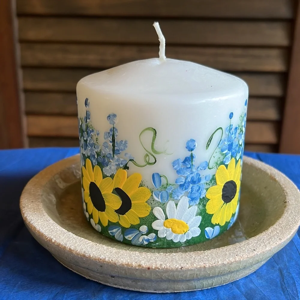 4x4 Hand Painted Blue Bonnets Medley Pillar Candle